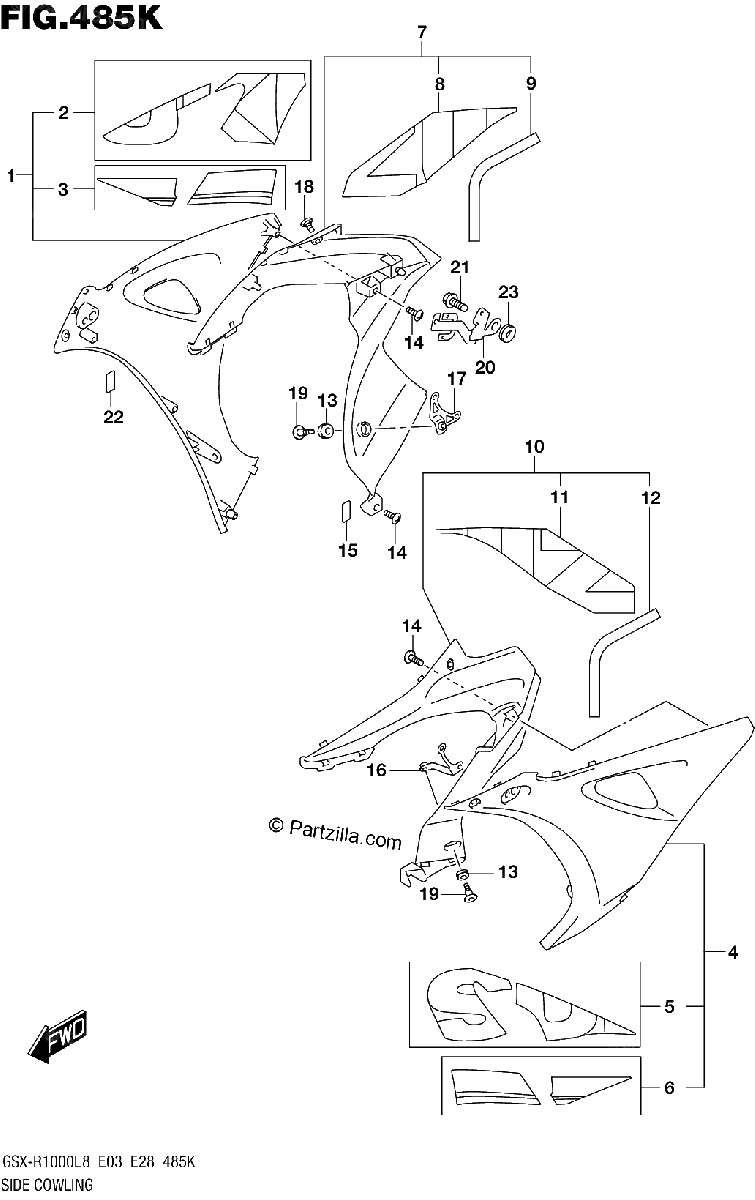Diagrama de SIDE COWLING GSX R1000AL8 E28 FOR YWW
