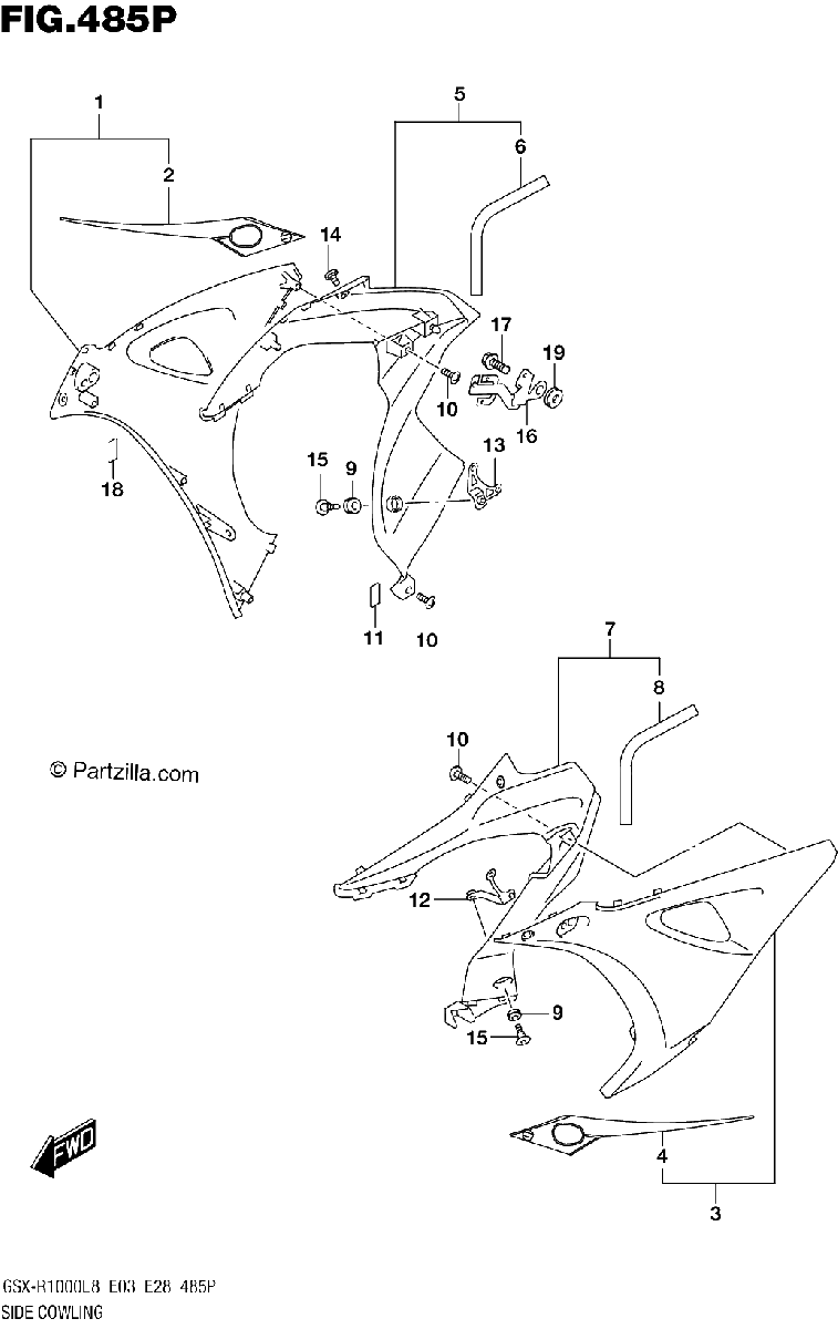 Diagrama de SIDE COWLING GSX R1000AL8 E33 FOR YKV