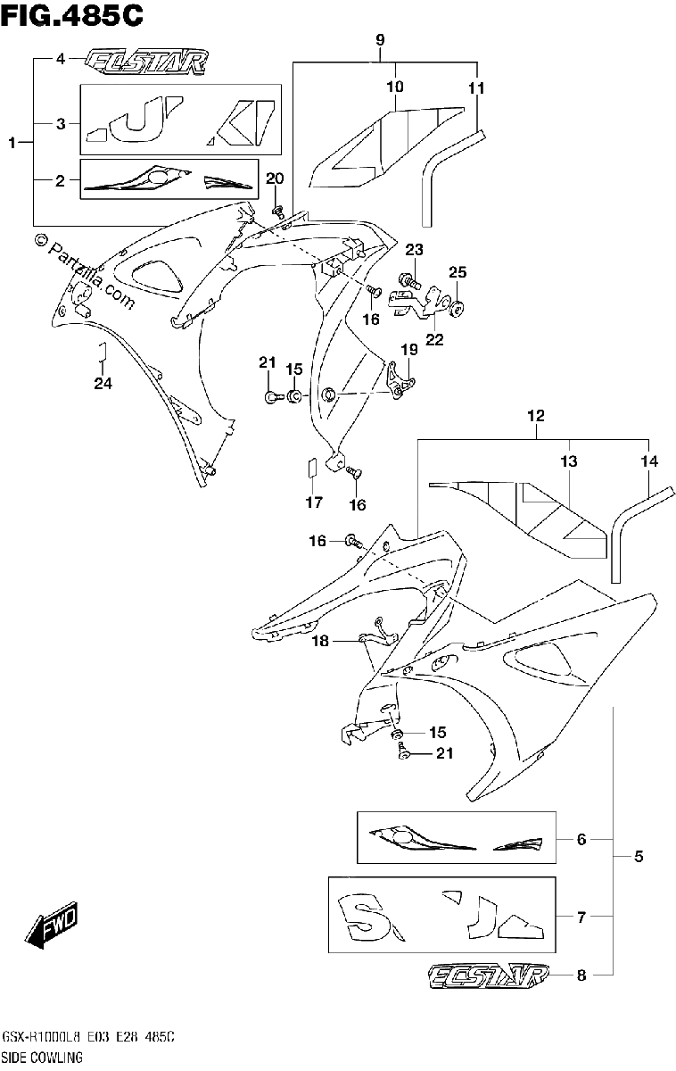 Diagrama de SIDE COWLING GSX R1000L8 E03 FOR YSF