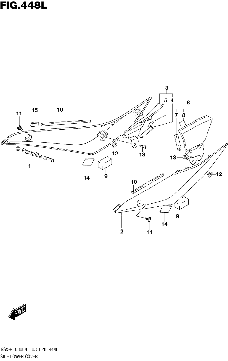 Diagrama de SIDE LOWER COVER GSX R1000RAL8 E33
