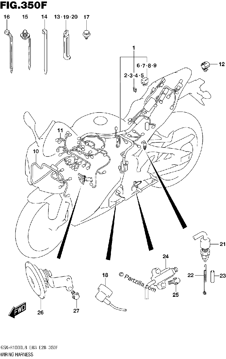 Diagrama de 350F WIRING HARNESS GSX R1000RZAL8 E03
