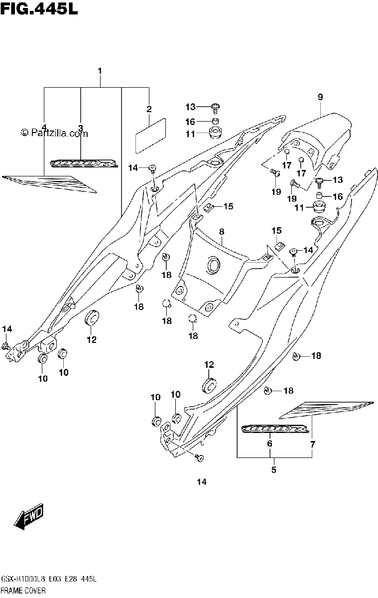 Diagrama de 445L FRAME COVER GSX R1000RZAL8 E03