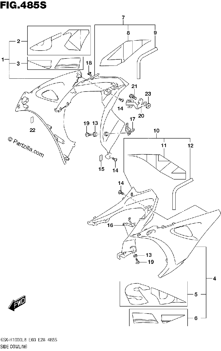 Diagrama de 485S SIDE COWLING GSX R1000RZAL8 E03