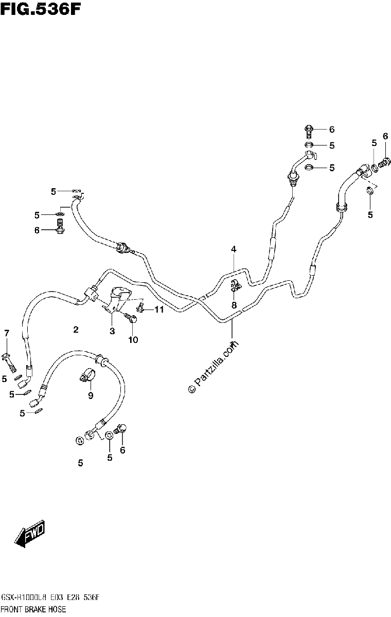 Diagrama de 536F FRONT BRAKE HOSE GSX R1000RZAL8 E03