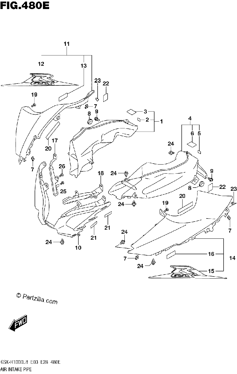 Diagrama de AIR INTAKE PIPE GSX R1000AL8 E03 FOR YKV YWW