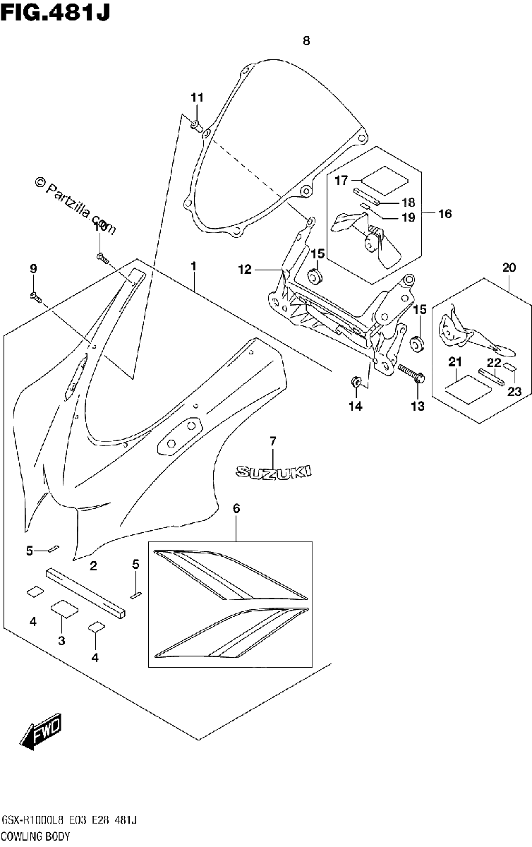 Diagrama de COWLING BODY GSX R1000AL8 E03 FOR YSF