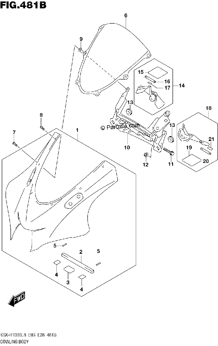Diagrama de COWLING BODY GSX R1000L8 E03 FOR YKV