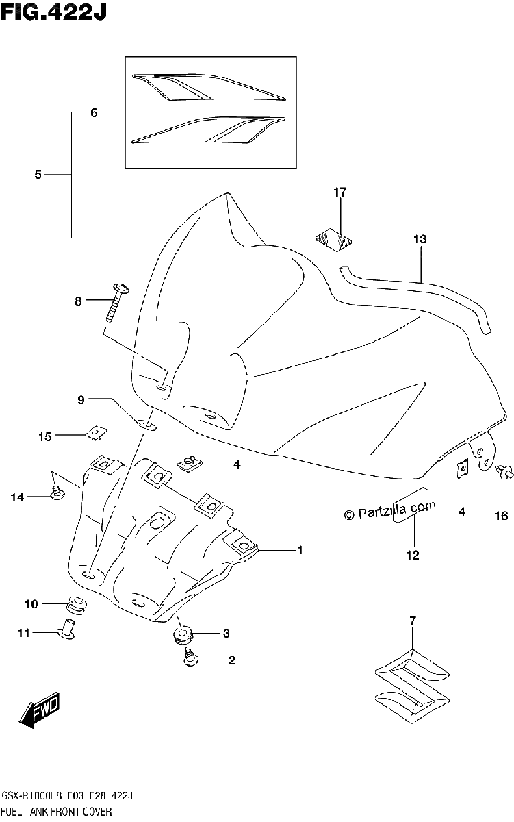 Diagrama de FUEL TANK FRONT COVER GSX R1000AL8 E03 FOR YSF