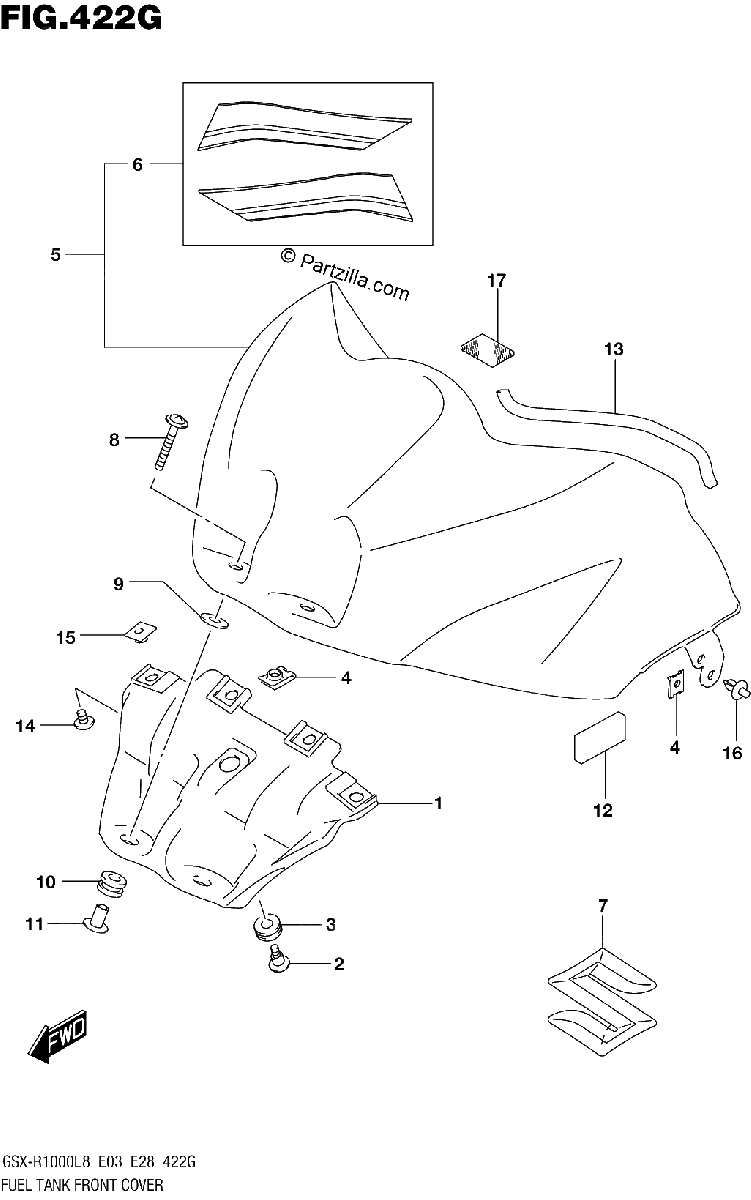 Diagrama de FUEL TANK FRONT COVER GSX R1000AL8 E03 FOR YWW