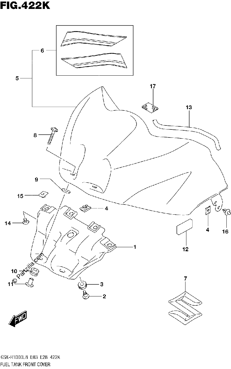 Diagrama de FUEL TANK FRONT COVER GSX R1000AL8 E28 FOR YWW