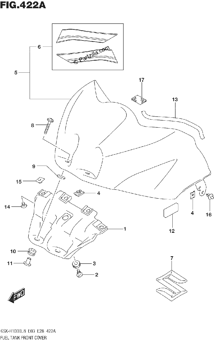 Diagrama de FUEL TANK FRONT COVER GSX R1000L8 E03 FOR YWW