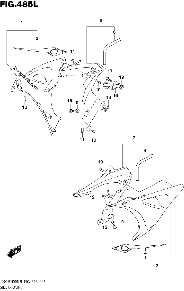 Diagrama de SIDE COWLING GSX R1000AL8 E28 FOR YKV