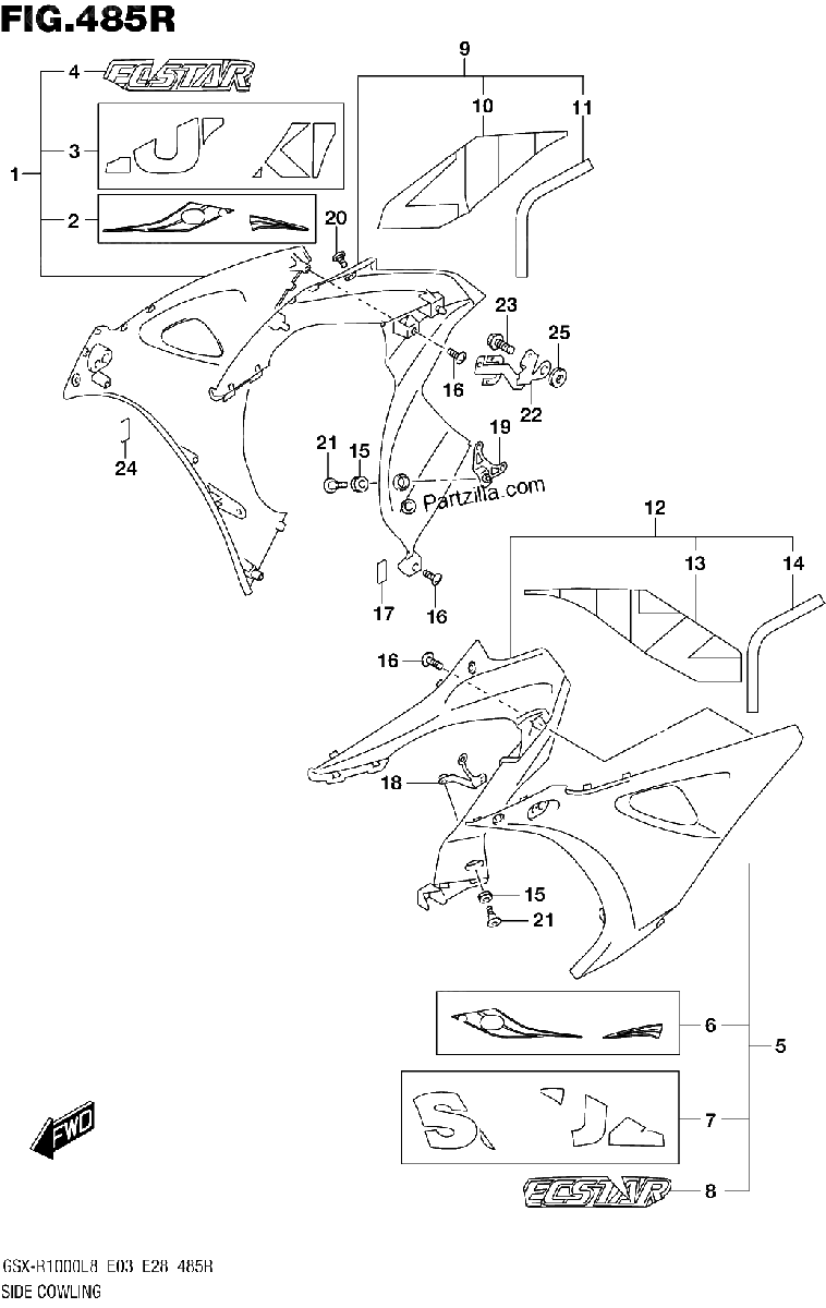 Diagrama de SIDE COWLING GSX R1000AL8 E33 FOR YSF