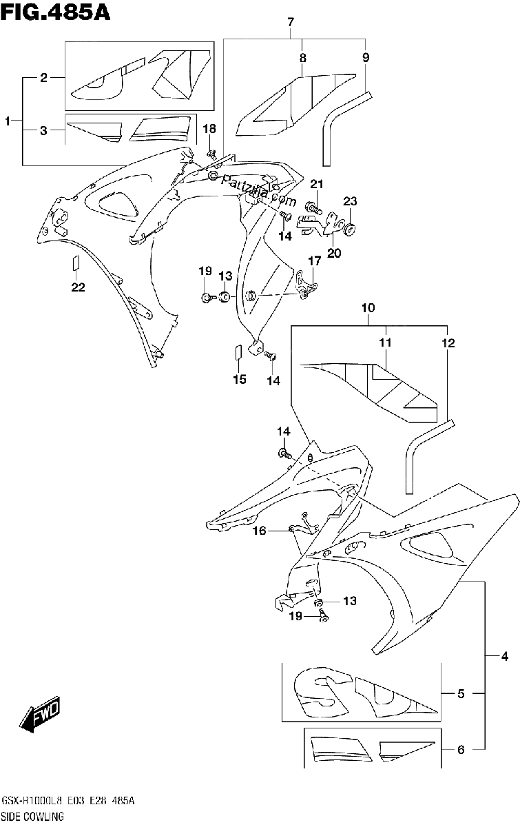 Diagrama de SIDE COWLING GSX R1000L8 E03 FOR YWW