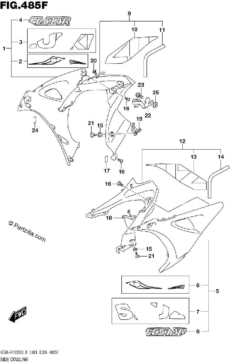Diagrama de SIDE COWLING GSX R1000L8 E33 FOR YSF