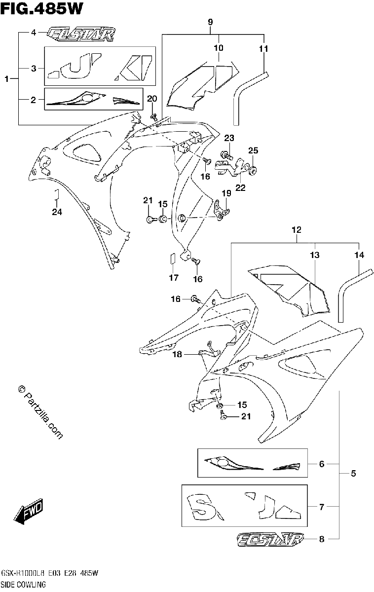 Diagrama de SIDE COWLING GSX R1000RAL8 E28
