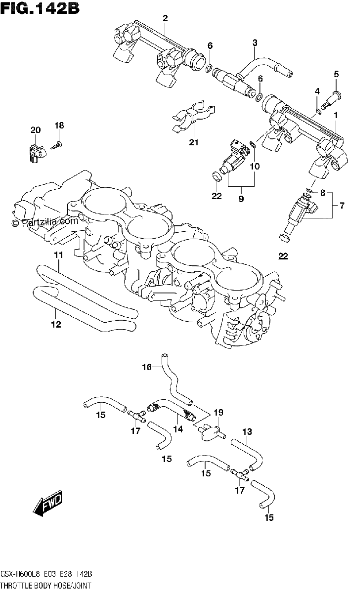 Diagrama de 142B THROTTLE BODY HOSE JOINT GSX R600L8 E28