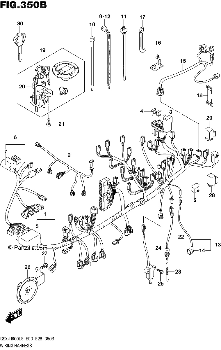 Diagrama de 350B WIRING HARNESS GSX R600L8 E28