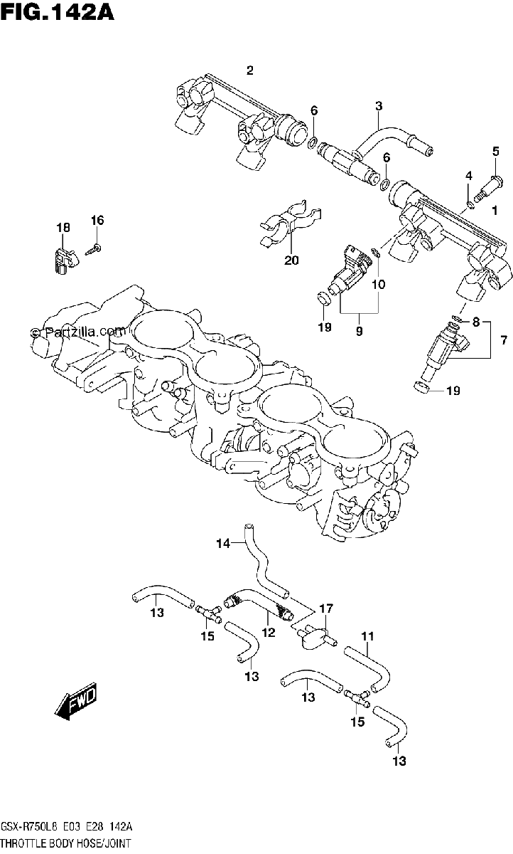 Diagrama de 142A THROTTLE BODY HOSE JOINT GSX R750L8 E03
