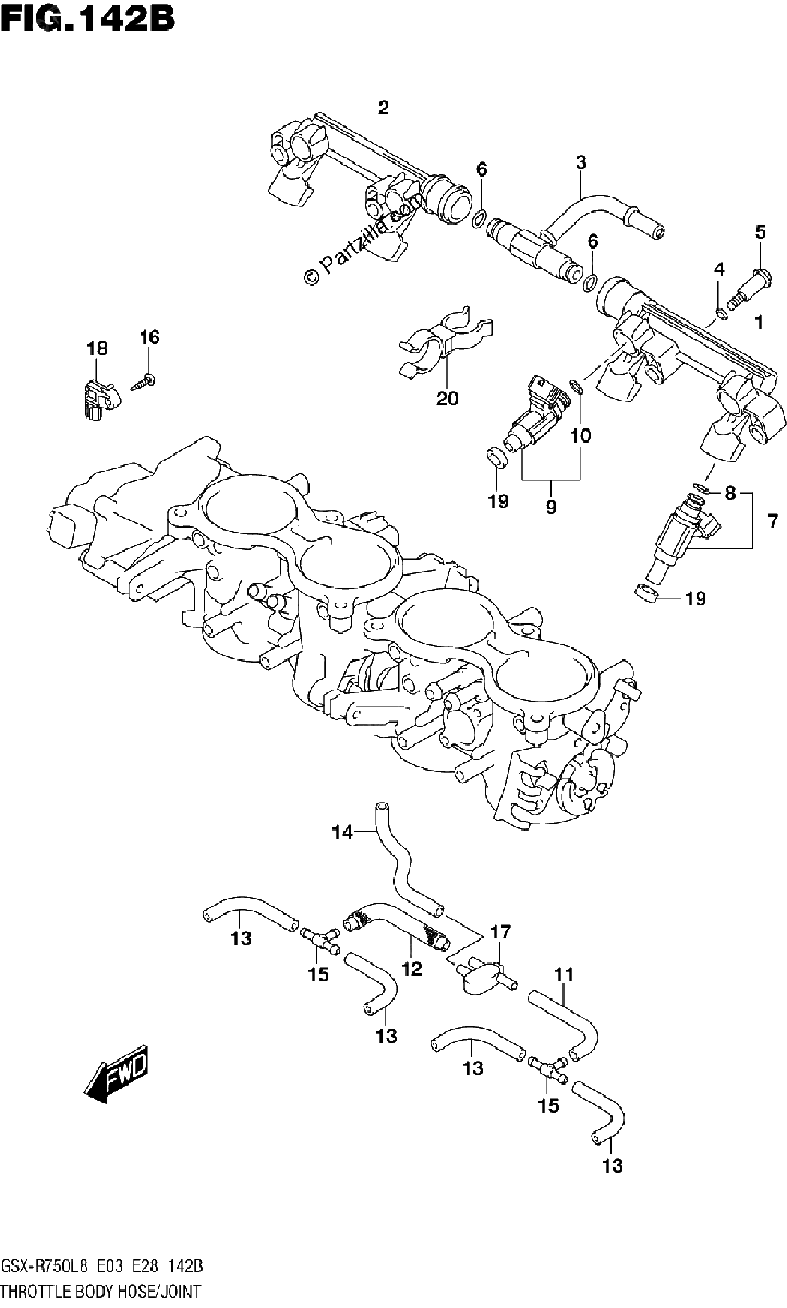 Diagrama de 142B THROTTLE BODY HOSE JOINT GSX R750L8 E28