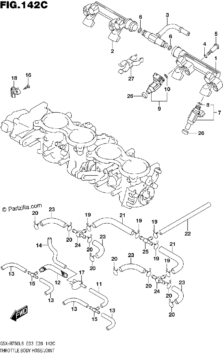 Diagrama de 142C THROTTLE BODY HOSE JOINT GSX R750L8 E33