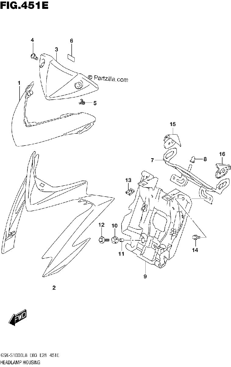 Diagrama de 451E HEADLAMP HOUSING GSX S1000L8 E33