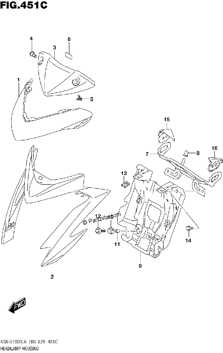 Diagrama de HEADLAMP HOUSING GSX S1000AL8 E28