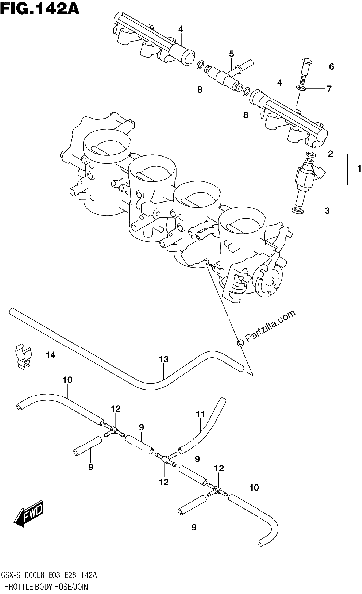 Diagrama de 142A THROTTLE BODY HOSE JOINT GSX S1000AL8 E03