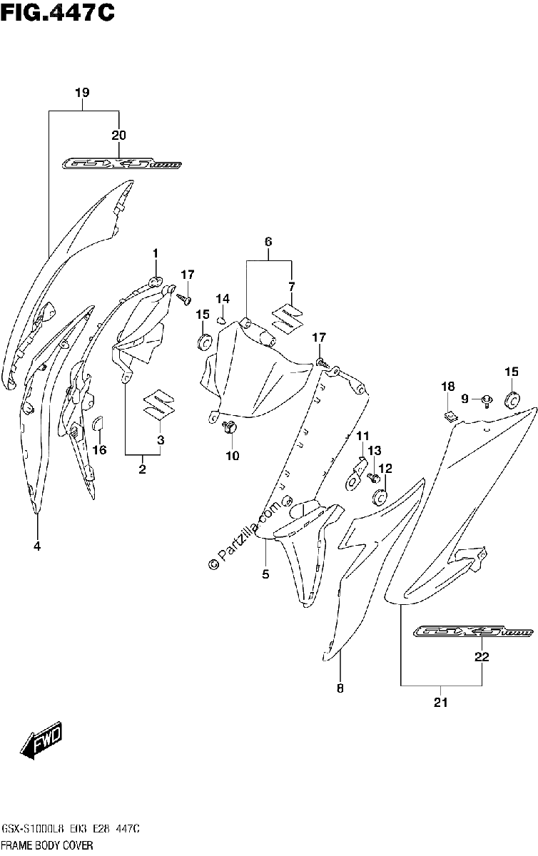 Diagrama de 447C FRAME BODY COVER GSX S1000AL8 E28
