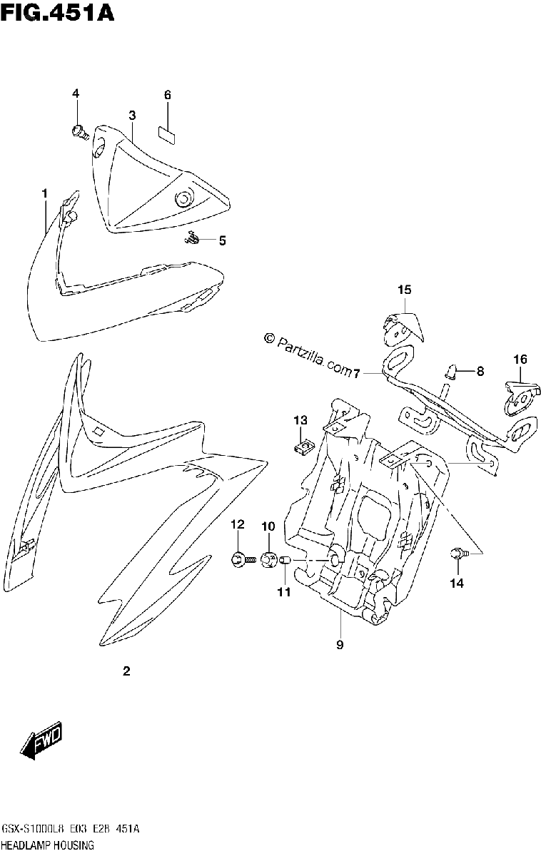 Diagrama de 451A HEADLAMP HOUSING GSX S1000AL8 E03