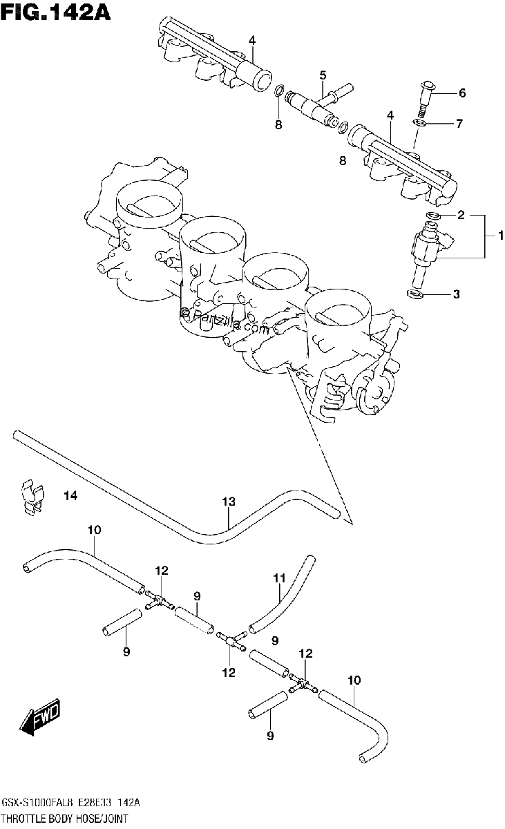 Diagrama de 142A THROTTLE BODY HOSE JOINT GSX S1000FAL8 E28