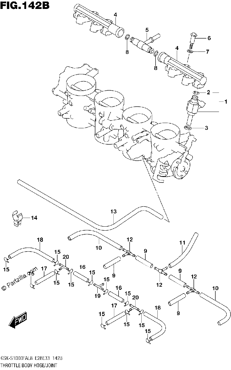 Diagrama de 142B THROTTLE BODY HOSE JOINT GSX S1000FAL8 E33