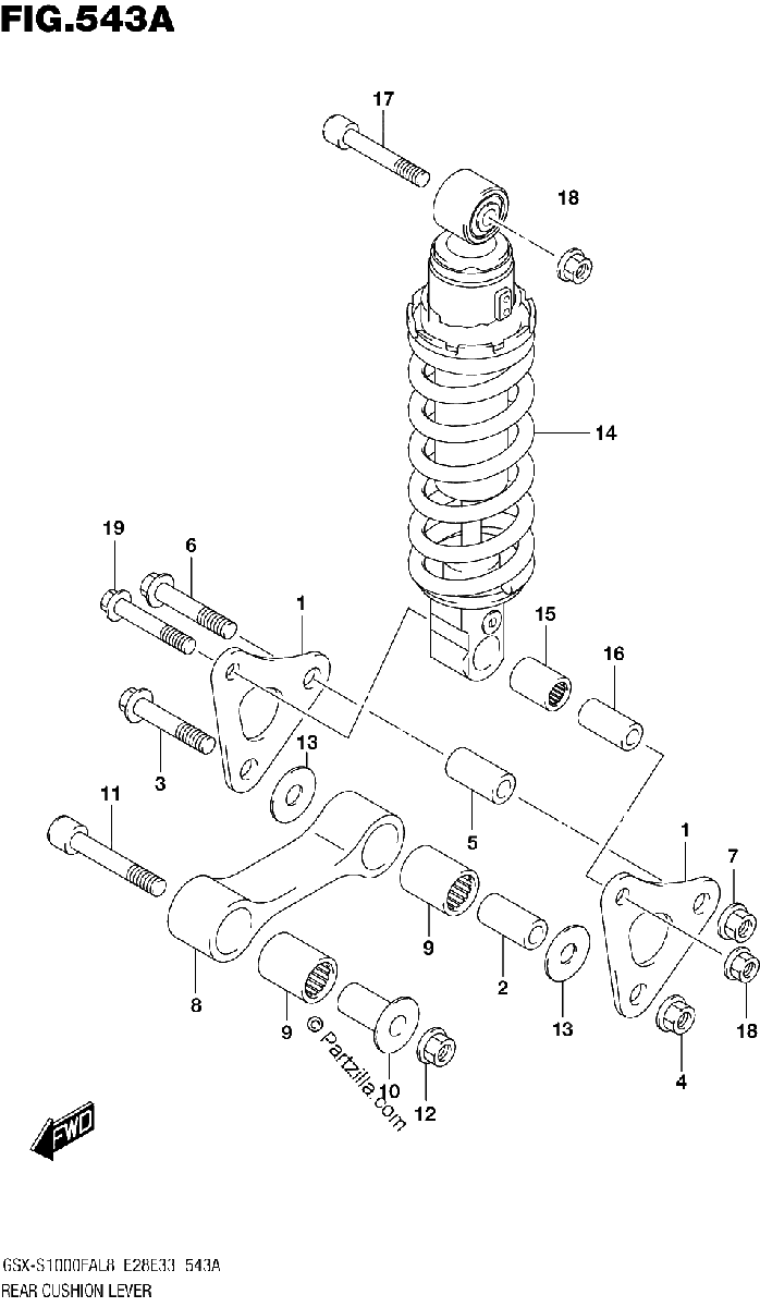 Diagrama de 543A REAR CUSHION LEVER GSX S1000FAL8 E28