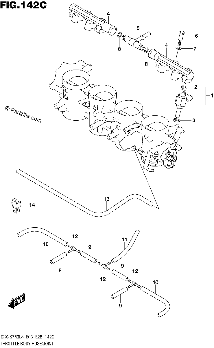 Diagrama de 142C THROTTLE BODY HOSE JOINT GSX S750ZL8 E03