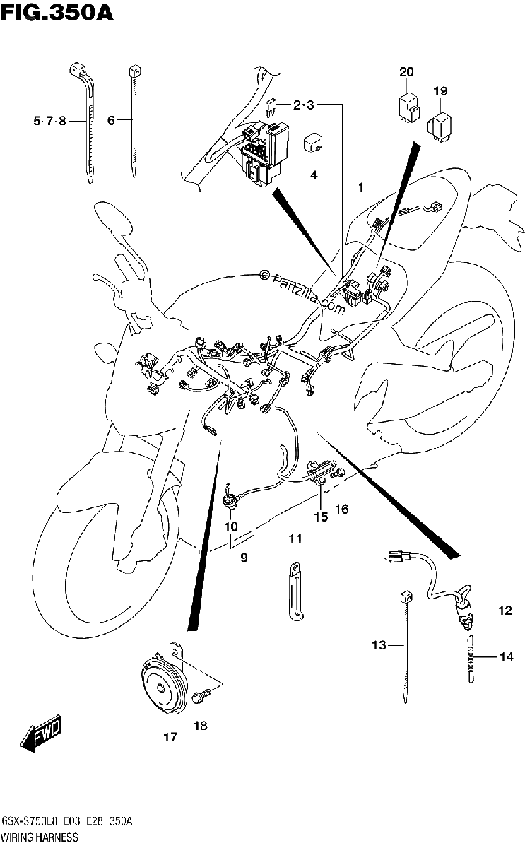 Diagrama de 350A WIRING HARNESS GSX S750L8 E03