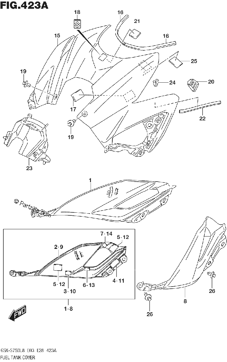 Diagrama de 423A FUEL TANK COVER GSX S750L8 E03