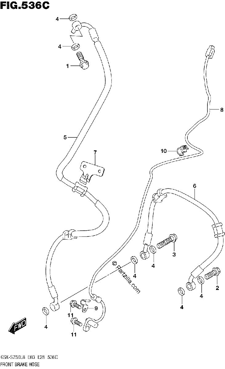 Diagrama de 536C FRONT BRAKE HOSE GSX S750ZL8 E03