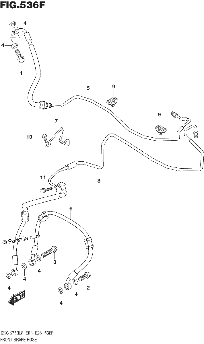 Diagrama de FRONT BRAKE HOSE GSX S750AL8 E33