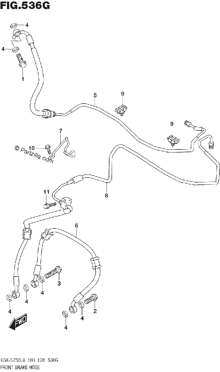 Diagrama de FRONT BRAKE HOSE GSX S750AZL8 E28