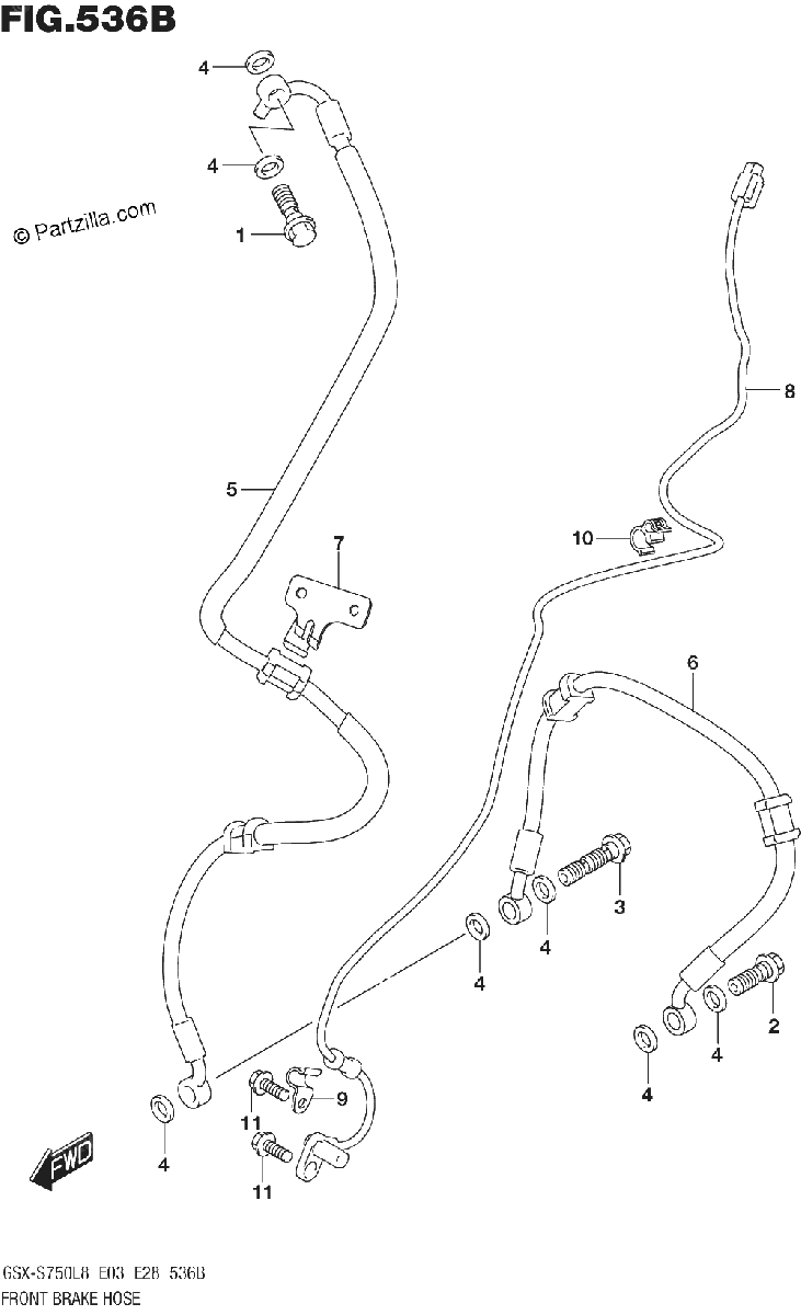 Diagrama de FRONT BRAKE HOSE GSX S750L8 E33