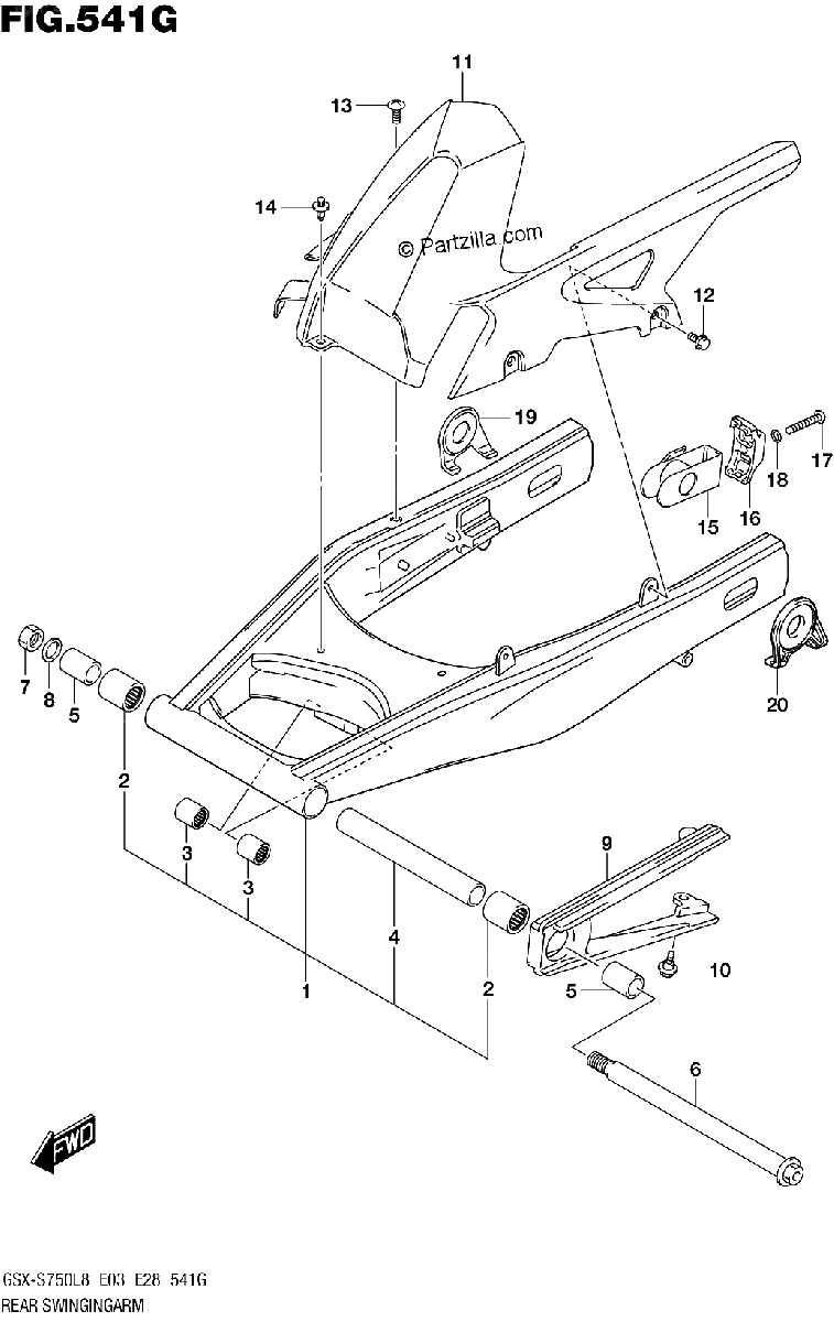 Diagrama de REAR SWINGINGARM GSX S750AZL8 E28