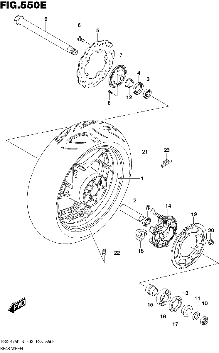Diagrama de 550E REAR WHEEL GSX S750AL8 E28