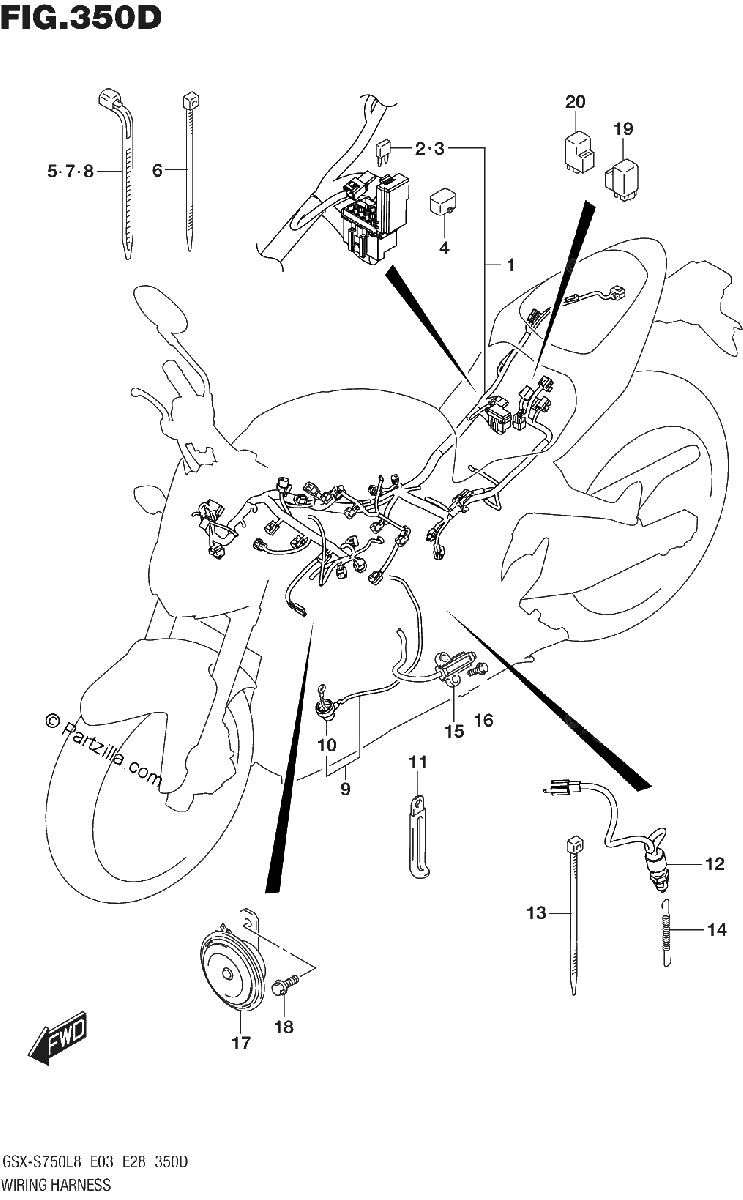 Diagrama de 350D WIRING HARNESS GSX S750ZL8 E33