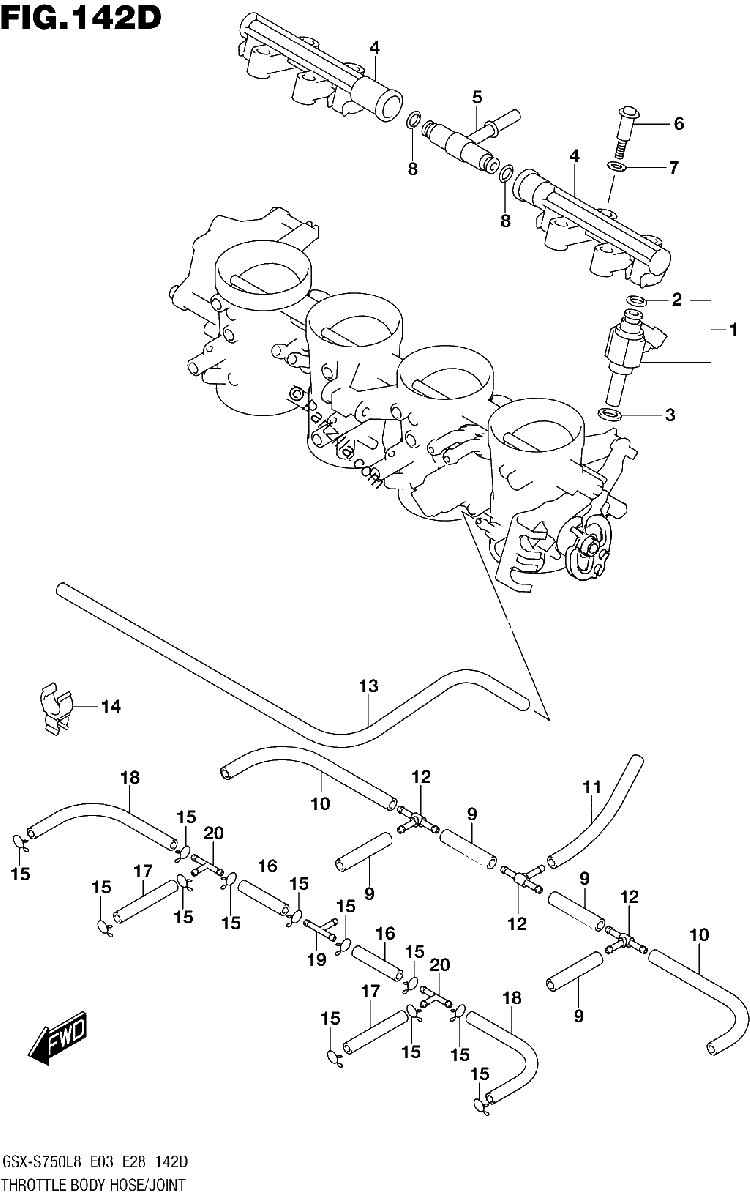 Diagrama de 142D THROTTLE BODY HOSE JOINT GSX S750ZL8 E33