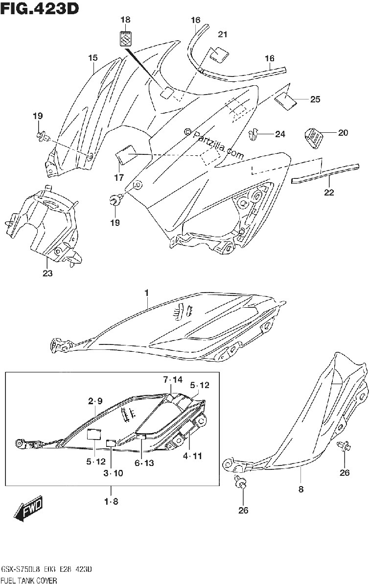 Diagrama de 423D FUEL TANK COVER GSX S750ZL8 E33