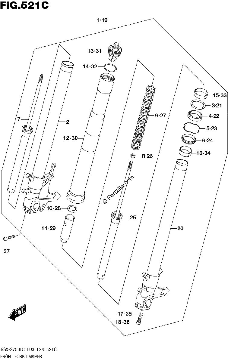 Diagrama de 521C FRONT FORK DAMPER GSX S750ZL8 E03