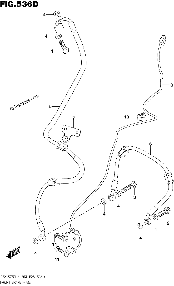 Diagrama de 536D FRONT BRAKE HOSE GSX S750ZL8 E33