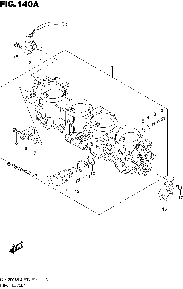 Diagrama de 140A THROTTLE BODY GSX1300RAL8 E03