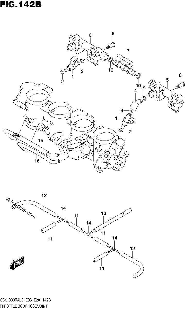 Diagrama de 142B THROTTLE BODY HOSE JOINT GSX1300RAL8 E28