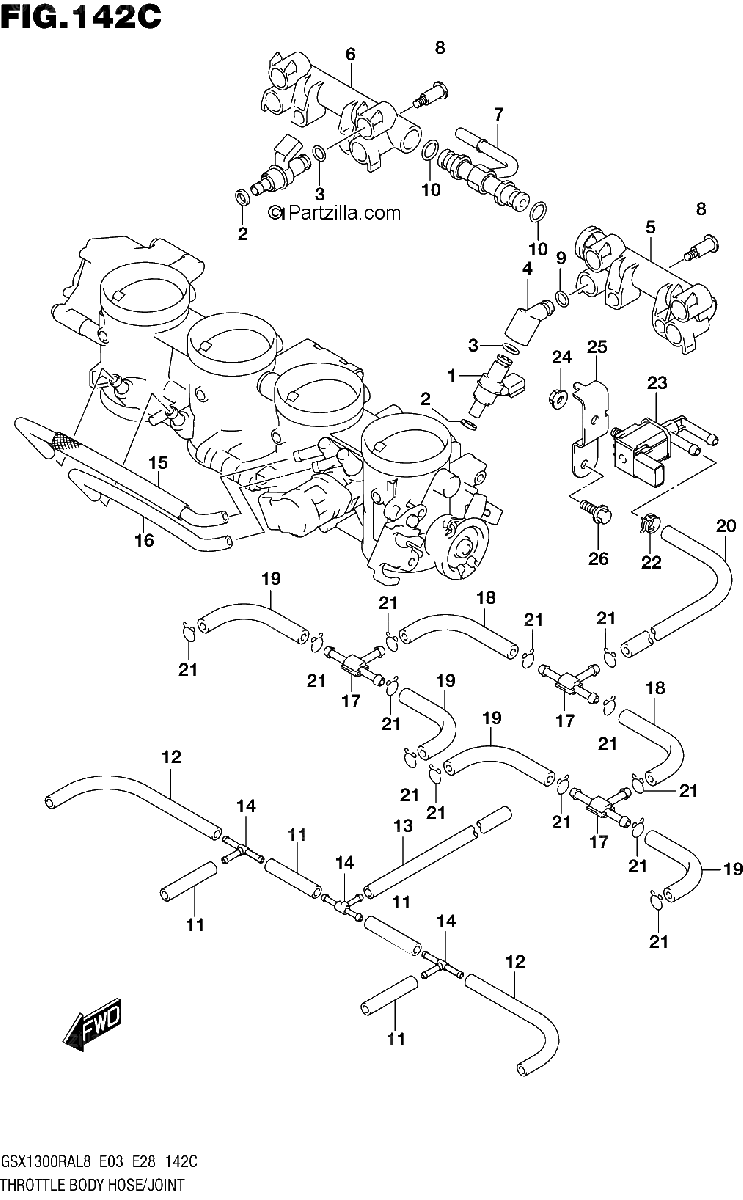 Diagrama de 142C THROTTLE BODY HOSE JOINT GSX1300RAL8 E33